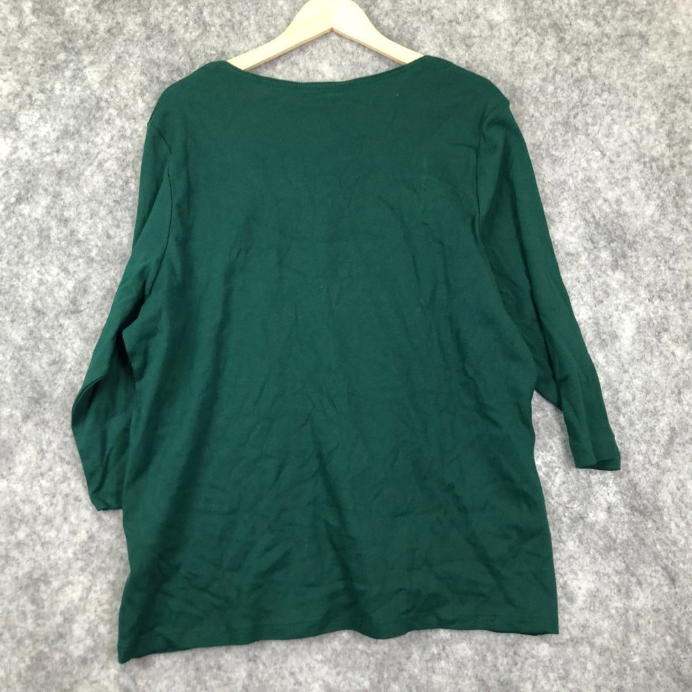 Karen Scott Christmas Holiday Top Size 2X Green 3/4 Sleeve Embellished Jeweled - Picture 6 of 7
